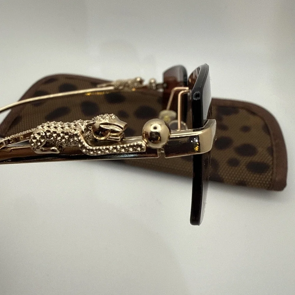 Rimless square sunglasses w/gold frame leopard/jaguar figurine & travel case HOT